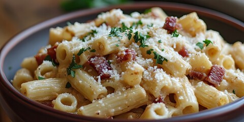 Poster - Creamy pasta dish with bacon bits served in a dark bowl garnished with parsley and grated cheese against a wooden background.