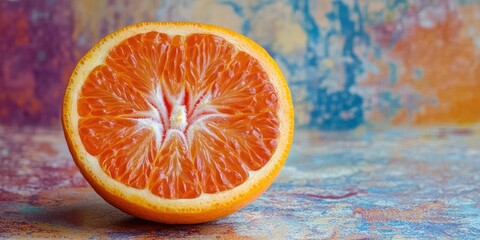 Poster - Vibrant half of ripe tangerine with juicy segments displayed on textured colorful backdrop featuring orange, blue, and purple hues