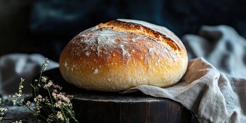 Poster - Rustic round loaf of bread with a golden crust sits on dark wooden surface, draped with natural linen, complemented by delicate floral accents.