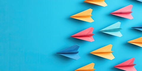 Poster - Colorful flat lay of vibrant paper planes in red, yellow, pink, and blue arranged on a bright blue background with ample negative space.
