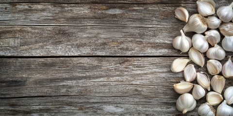 Poster - Garlic cloves scattered on weathered wooden surface with ample negative space for text on the right creating a rustic culinary ambiance.