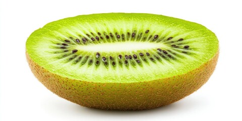 Aufkleber - Fresh and juicy half of a kiwi fruit displaying vibrant green flesh with black seeds, positioned on a clean white background for a refreshing look.