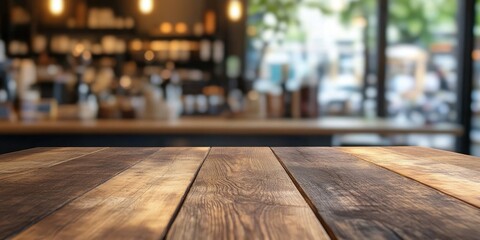 Poster - Empty rustic brown wooden table in sharp focus with blurred green bokeh coffee shop background featuring warm tones and soft lighting ideal for product display.