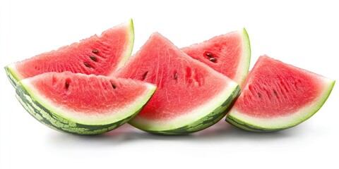 Aufkleber - Freshly sliced watermelon pieces displaying vibrant red flesh and dark seeds with green rind, arranged in a casual diagonal layout on a white background.