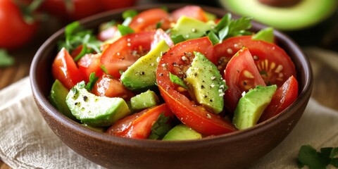 Poster - Vibrant salad featuring red tomatoes and green avocados in a rustic bowl with parsley and black pepper against a wooden backdrop for healthy meal.