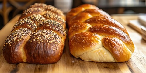 Poster - Freshly baked braided bread loaves, one topped with sesame seeds and the other golden-brown, displayed on a wooden cutting board.