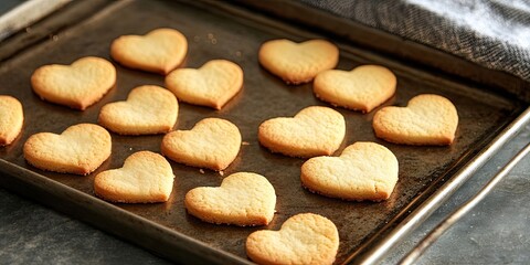 Poster - Heart shaped butter cookies with a golden texture rest on a dark metal cookie sheet on a marble kitchen counter, perfect for celebrations.