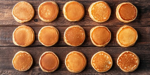 Poster - Aerial view of golden fluffy pancakes neatly arranged in four rows on a rustic wooden surface with varying textures and shades of brown.