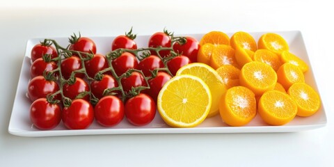 Aufkleber - Fresh red cherry tomatoes in clusters on the left side and vibrant yellow citrus slices on the right, arranged on a white rectangular platter.