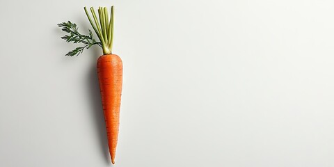 Poster - Vibrant orange carrot with green leafy tops against a soft gray background showcasing its natural texture and quality in a minimalist composition