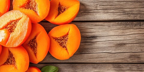 Poster - Fresh apricot halves in vibrant orange color arranged on a rustic wooden surface with visible grain; includes green leaf accents for contrast.