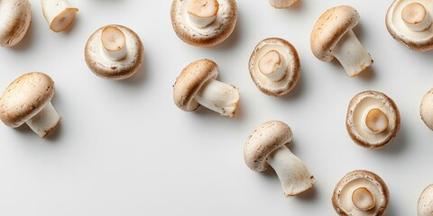 Poster - Fresh champignon mushrooms arranged artistically on a clean white surface emphasizing their earthy tones and delicate textures ideal for culinary use