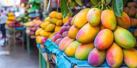 Poster - Vibrant display of ripe mangoes in various shades of yellow and green arranged artistically on a market stall with blurred background fruits.
