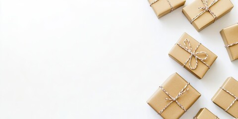 Poster - Golden gift boxes neatly arranged in a diagonal layout on a bright white background with ample space on the left for text in a postcard design