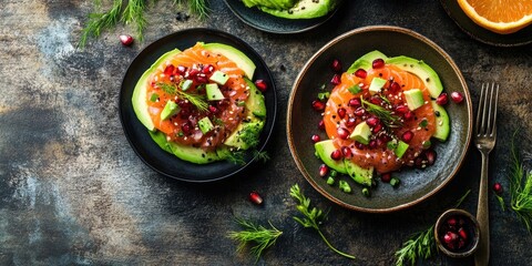 Poster - Colorful flat lay of salmon avocado tartare with pomegranate seeds on rustic table featuring black and brown plates, garnished with herbs and vibrant greens.
