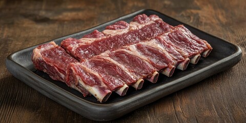 Aufkleber - Fresh raw beef short ribs arranged neatly on a black rectangular plate against a dark wooden background showcasing rich red meat textures.