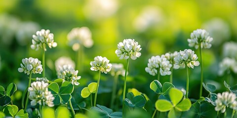 Aufkleber - White clover flowers blooming in a lush green meadow with soft sunlight creating a serene blurred background of vibrant greenery.