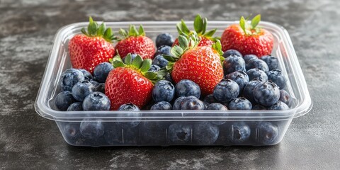 Poster - Freshly picked strawberries and blueberries in a clear plastic container arranged with red strawberries on top of dark blue berries on a textured surface.