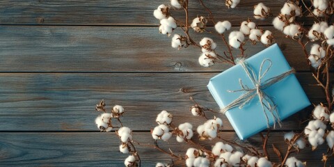 Poster - Delicate cotton blossoms in white surround a light blue gift box on weathered wooden planks with negative space for added emphasis.