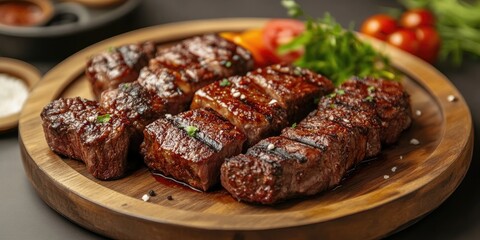 Poster - Succulent beef barbecue pieces artfully arranged on a wooden plate with fresh herbs and vibrant vegetables, enhancing the inviting presentation.
