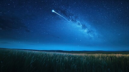 Wall Mural - bright shooting star over an open field, creating a contrast against the deep blue night sky