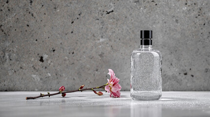 Poster - A clear glass bottle with a black cap, placed on a surface with a single pink flower beside it. The background is a muted gray, providing a neutral backdrop that accentuates the bottle and flower.