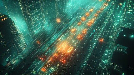 Wall Mural - Futuristic Cityscape at Night with Glowing Traffic, Aerial view of a futuristic cityscape at night with glowing lights and busy traffic