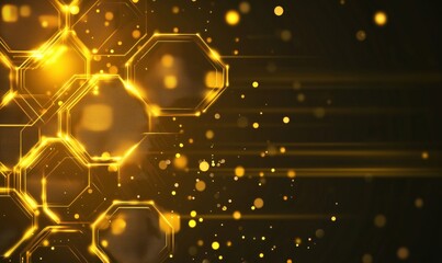 Poster - Golden hexagonal shapes with glowing particles and light streaks on dark background