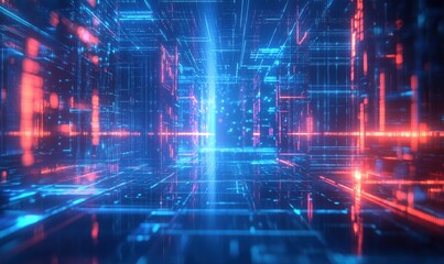 Poster - Futuristic digital corridor with glowing blue and red lines and data streams