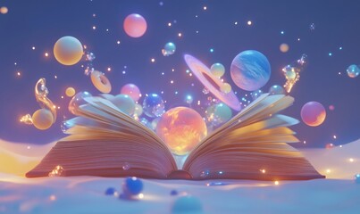 Poster - Open book with floating planets and cosmic elements creating a magical atmosphere