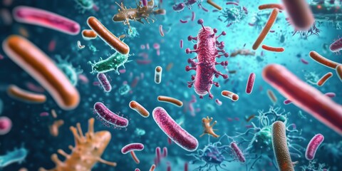 Poster - Colorful microscopic view of bacteria and viruses in a vibrant environment