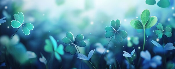 Poster - A serene, high-resolution image featuring delicate green clovers illuminated by soft light in a dreamy, ethereal atmosphere.