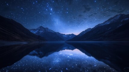Wall Mural - night sky photograph, where countless stars reflect perfectly on the still waters of a mountain lake