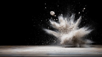Powder explosion on wooden surface, creative abstract background, potential use in food, science, or technology imagery