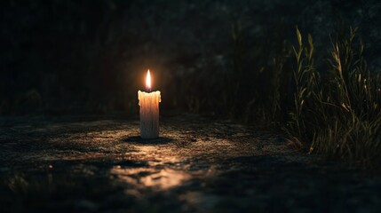 Aufkleber - In a tranquil, dark environment, a single candle glows vibrantly, casting a gentle light that dances over nearby stones and grass. The warmth makes the night feel welcoming and calm