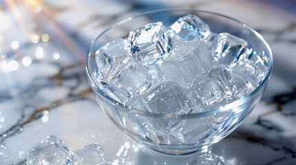 Fototapete - A clear glass filled with ice cubes placed on a marble surface, with a blurred background.