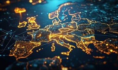 Poster - Illuminated Map of Europe with Network Connections and Data Visualization Elements