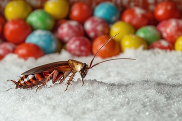 Poster - A close-up shot of a bug sitting on a colorful pile of candy