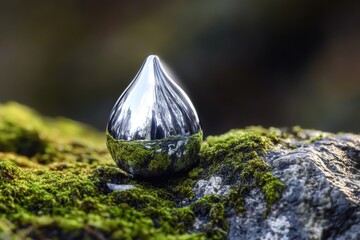 Aufkleber - A silver object sits atop a moss-covered rock, ideal for use in nature-themed or fantasy settings