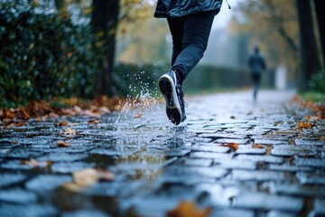 Poster - A person holding an umbrella while running in the rain, great for weather-related or action-packed scenes