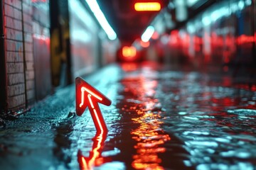 Aufkleber - A red arrow points down a wet street on a rainy day