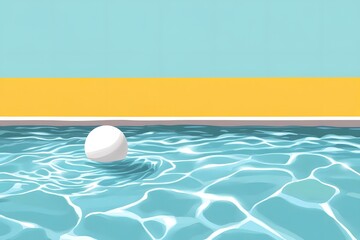 A flat illustration of an empty swimming pool, with a yellow background and a white ball floating in the water. The details are minimal