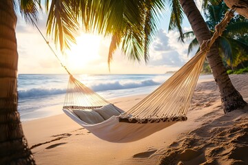 Wall Mural - a hammock hanging between two palm trees on the beach, with waves crashing in the background and sof