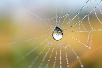 a close-up of a spider web with water droplets glistening on its intricate structure