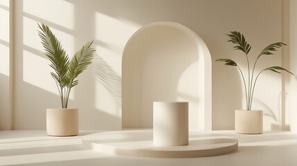 Poster - elegant interior scene with plants and a simple pedestal for display
