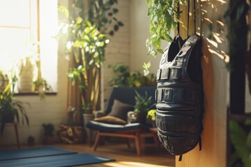 Aufkleber - A black vest hangs on the wall of a cozy living room, perfect for a fashion display or as a decorative piece