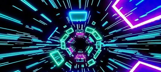 Poster - Neon geometric tunnel with dynamic light streak transitions in futuristic scifi style
