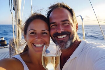 Wall Mural - two people on a yacht. a man with dark hair and a womans in a white shirt, holding a glass of wine, 