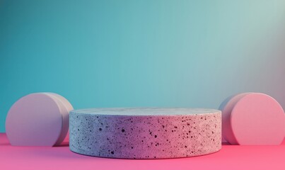 Poster - Minimalist display platform with geometric shapes in vibrant pink and blue background