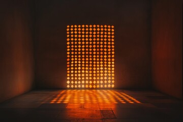 Fototapete - Soft, warm light streams through a detailed lattice structure on the wall, casting a captivating geometric pattern on the stone floor below. The ambiance is serene and inviting